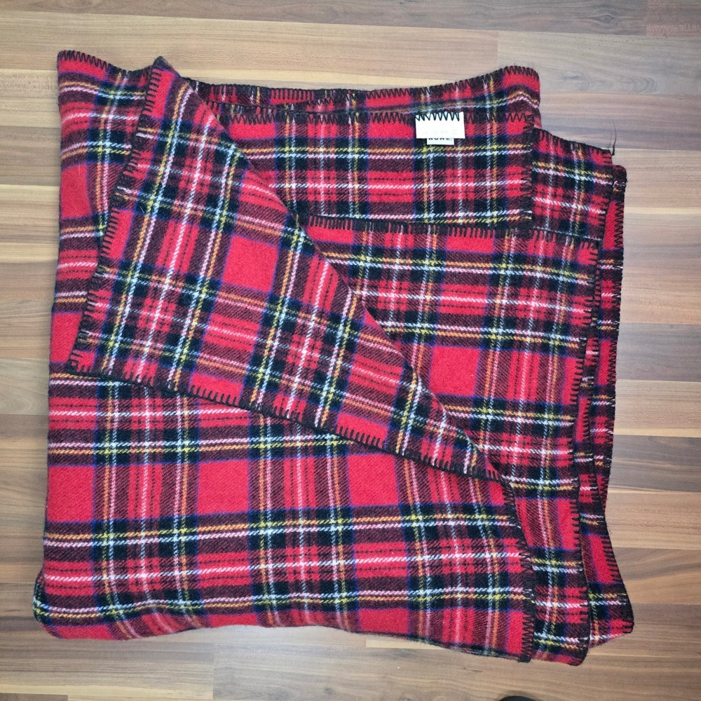 Eddie Bauer Home Vintage 100% Wool Plaid Throw Blanket Red Black Tartan 80x90